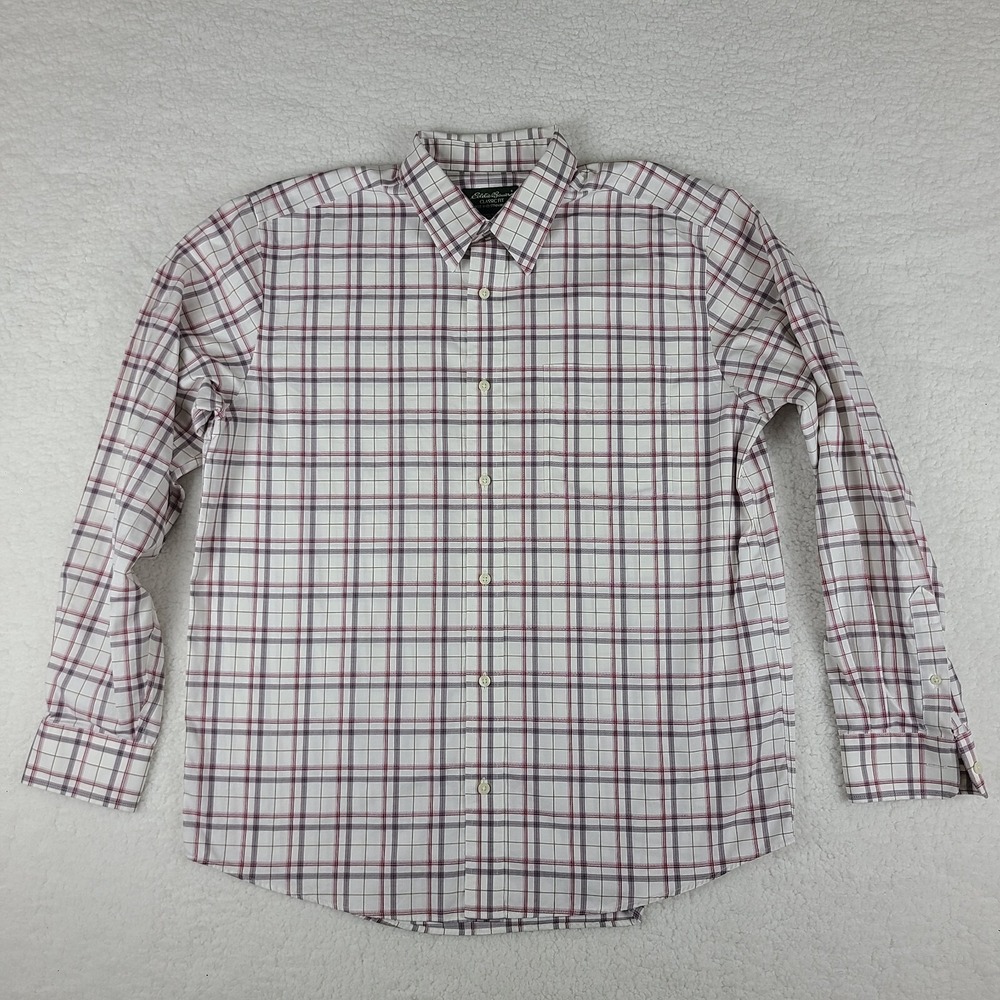 Eddie Bauer Shirt Mens Large Dark Red Gray Wrinkle Stain Resistant Button Up